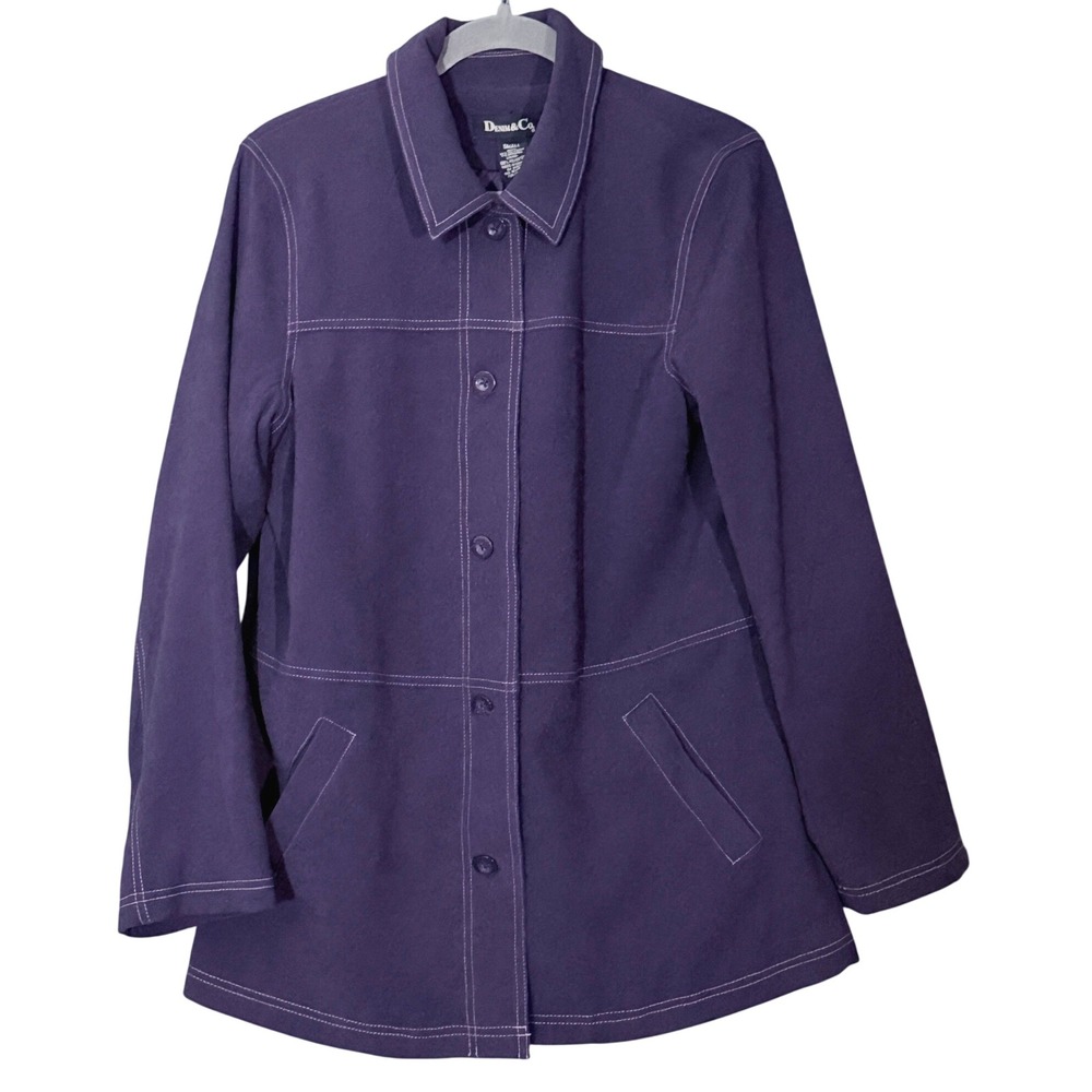 Denim & Co Purple Button Front S Contrast Stitch Chore Coat Mod Jacket Academia